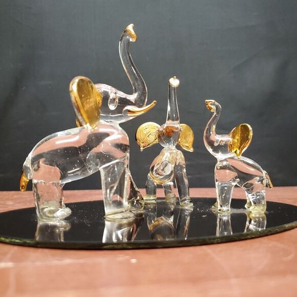 Other - Glass Blown Elephant Trinket Ring Holder 22kt Gold Trim Mirror Base